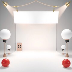 A simple studio setup with a white backdrop, two spotlights, and various props.