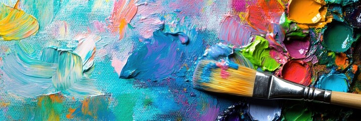 Poster - A palette brimming with bright colors sits next to a canvas adorned with abstract brushstrokes, showcasing creativity in action. Generative AI