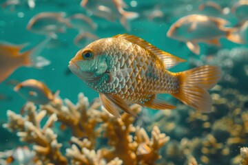 a vibrant coral reef thrives with schools of tropical fish in vivid hues. Swirling kelp forests and curious sea creatures bask in rays of sunlight breaking through the water's surface.