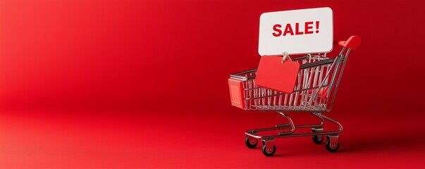 Shopping cart on a red background with copy space with a 