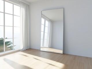 A bright, minimalist room featuring a large mirror, large window, and wooden flooring, creating a serene and modern atmosphere.