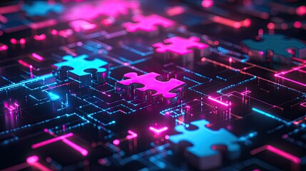Poster - Bright neon puzzle pieces aligning on a high-tech digital platform, representing API integration and data exchange