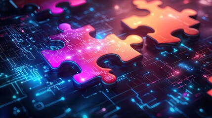 Poster - Bright neon puzzle pieces assembling in a high-tech digital background, representing the concept of API integration