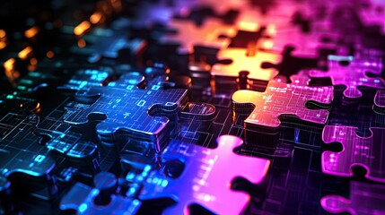 Poster - Bright neon puzzle pieces assembling in a high-tech digital background, representing the concept of API integration