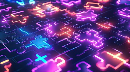 Poster - Bright neon puzzle pieces assembling in a high-tech digital background, representing the concept of API integration
