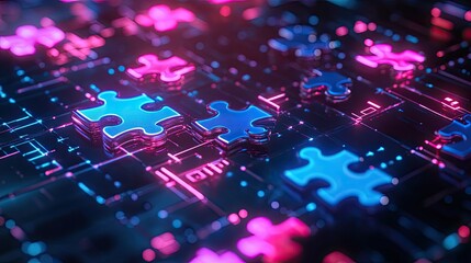 Poster - Bright neon puzzle pieces assembling on a high-tech digital screen, representing seamless API integration in modern tech