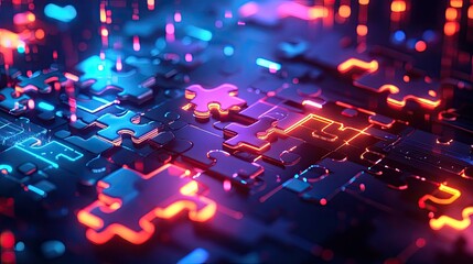 Poster - Bright neon puzzle pieces assembling on a high-tech digital screen, representing seamless API integration in modern tech