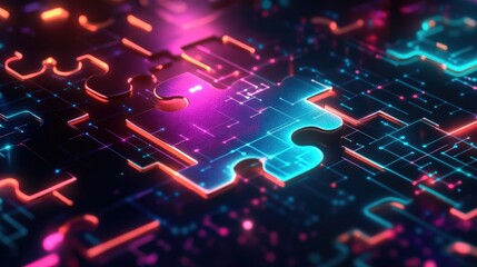 Poster - Bright neon puzzle pieces assembling on a high-tech digital screen, representing seamless API integration in modern tech