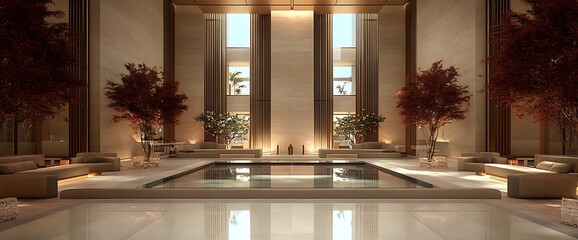 Wall Mural - Modern  interior design featuring a pool, two trees,  and beige couches in a spacious  room with large windows and sunlight.