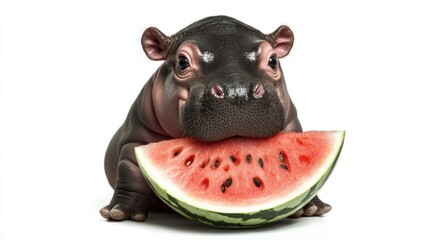 A cute baby hippo sitting and eating watermelon, isolated on a white background