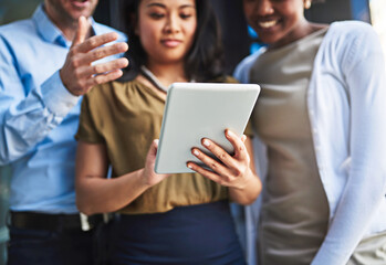 Fototapete - Office, tablet and hands of business people in meeting for networking, website and online research. Company, corporate and workers on digital tech for planning, collaboration and teamwork on balcony