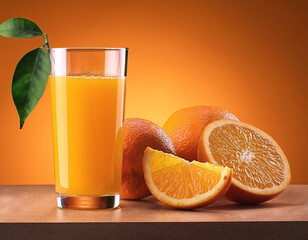 Glass of fresh orange juice over orange background