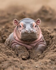 a baby hippo resting in soft dirt, showcasing its adorable features and calm demeanor.