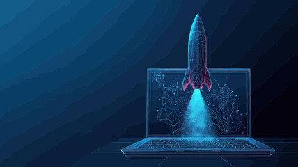 Poster - abstract rocket launching from laptop screen for start-up boost concept in minimalist low poly wiref