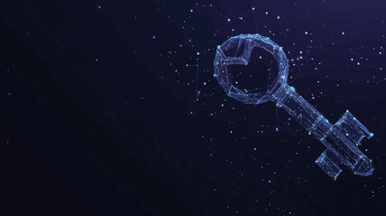 Poster - Low Poly Wireframe Lock Key on Dark Background - Data Protection and Security Concept in Polygonal Starry Sky Style
