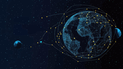 Poster - Abstract Minimalist Wireframe Earth in Starry Space Vector - Concept of Global Connectivity and Universe Exploration with Points, Lines, and Shapes Representing Planets and Stars