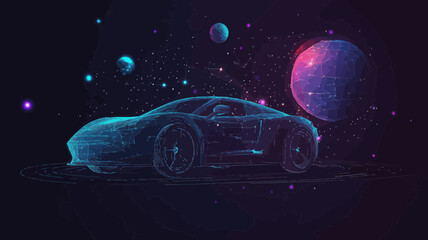 Poster - Futuristic Abstract Sports Car in Starry Universe, Vector Wireframe Illustration with Planets and Stars, Space-Themed Modern Car Concept