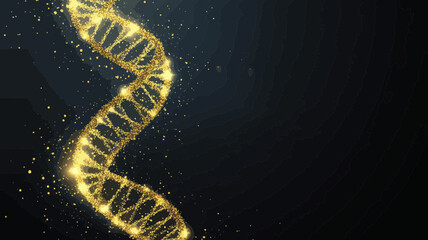Poster - Glittering Low Poly DNA Strand with Golden Stardust Effect on Dark Background - Polygonal Wireframe Science Concept Vector Illustration