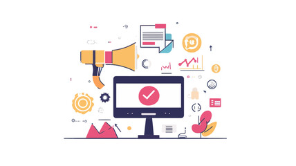 Poster - flat design vector for digital marketing special offer with computer, megaphone, analytics, and mode