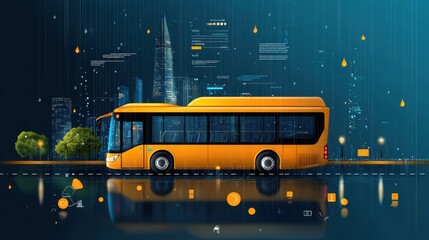 Wall Mural - A bus driving through heavy rain, cityscape in the background