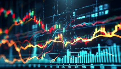 Wall Mural - Dynamic Nighttime Stock Market Trends Illustrated Through Vibrant Financial Data Visualization and Abstract Light Patterns