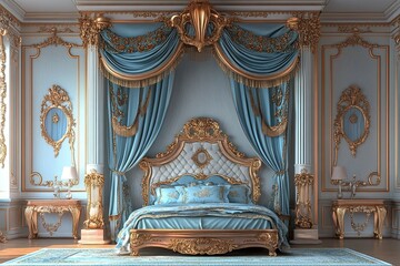 Wall Mural - luxury classic royal peach bedroom with light blue elegant traditional royal wooden bed with canopy royal beds, vintage wall mirror 