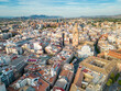 Aerial perspective of old town center of Murcia. Rooftops of Murcia. Medieval and historic travel destination in Spain. View of Cathedral of Murcia. River Segura 