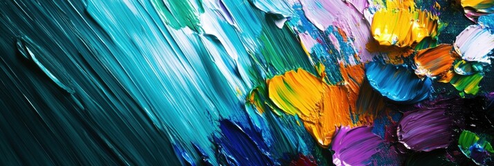 Poster - Bright paint splashes cover a palette while brushes rest on a canvas showcasing expressive abstract artistic strokes in a creative space. Generative AI
