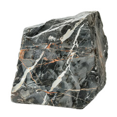 Poster - raw black marble stone with white and orange veins is shown isolated on a white background