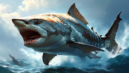 Wall Mural - Ambitious Fish Chasing Dreams of Shark Success in Ocean Themed Business Concept Art