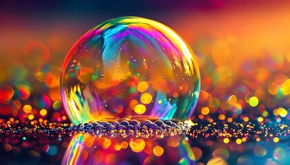 Wall Mural - Mesmerizing iridescent bubble glistening against a colorful backdrop, vibrant bokeh illuminating its reflections in an artistic and dreamy sunset atmosphere.