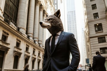 Businessman with Wolf Head Standing in Financial District
