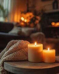 Poster - Candlelight ambiance with handmade natural wax candles in a cozy interior