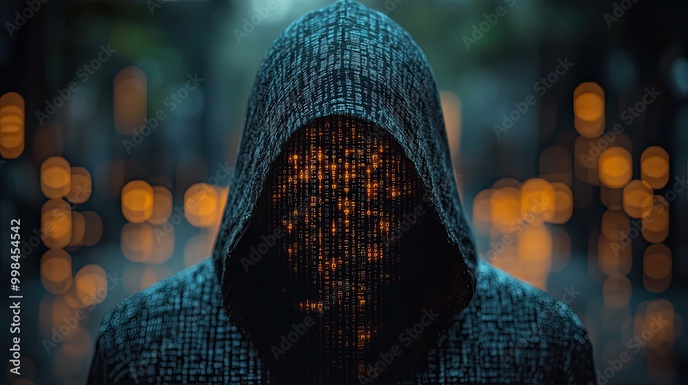 An anonymous hacker, shrouded in a hooded jacket, surrounded by binary ...