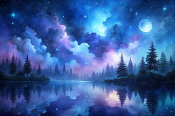 Poster - dark watercolor background with deep blues and purples, creating a nighttime feel
