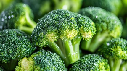 Wall Mural - Fresh broccoli florets stacked together with water droplets sparkling, emphasizing their vibrant green color.