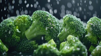 Wall Mural - Fresh broccoli florets stacked together with water droplets sparkling, emphasizing their vibrant green color.