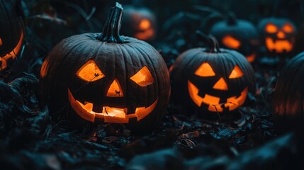 Wall Mural - halloween themed stock image featuring jack o lanterns in darkness