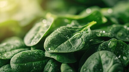 Wall Mural - Fresh spinach leaves piled high, with water droplets sparkling on the surface, set against a clean background with copy space.