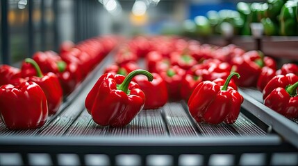 Sticker - Harvested red bell peppers lined up on a conveyor belt, ready for sorting and packing in a busy agricultural facility.