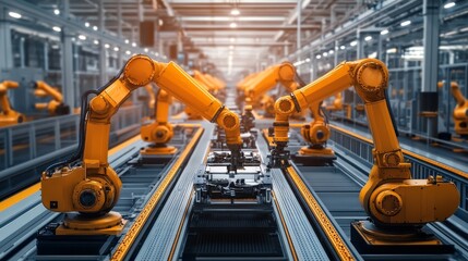 Industrial Robots Moving Automotive Parts in Factory