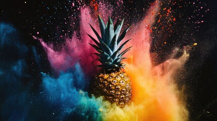 Sticker - Pineapple mid-explosion, as colored powder erupts from it, with vibrant colors flying against a black background.