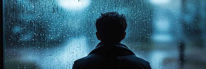 Aufkleber - A lone individual stares out a rain-drenched window, reflecting on life amid the melancholy ambiance and muted colors of the moment. Generative AI