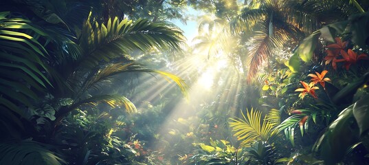 Wall Mural - A vibrant, jungle canopy with sunlight filtering through and a large area for text