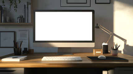 Poster - Modern home office desk setup with computer, keyboard, lamp, and stationery in natural light. Perfect for professionals and students.