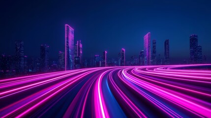 A futuristic urban landscape where vertical light beams shoot upward from the city streets, connecting the buildings in a web of glowing lines.