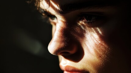 Poster - Face with a contemplative expression under soft light and shadows