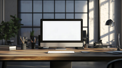 Poster - Modern office desk setup with computer, books, and office supplies in bright, spacious room with large windows and natural lighting.