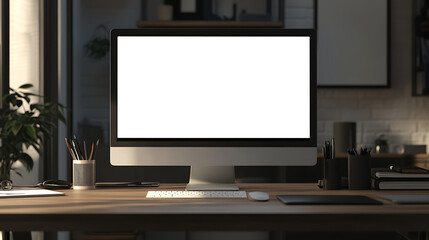 Poster - Modern office desk with computer, blank screen, creative workspace, minimalistic design, professional setup, cozy atmosphere.