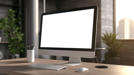 Poster - Modern office workspace with a blank desktop computer monitor, cup of pens, and minimalistic design in a bright room.